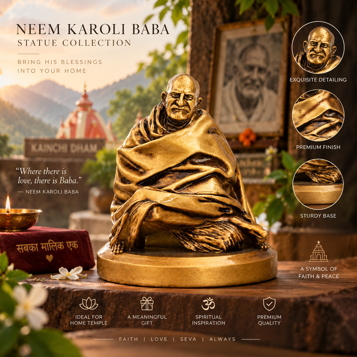 Neem Karoli Baba Statue – Antique Gold Finish