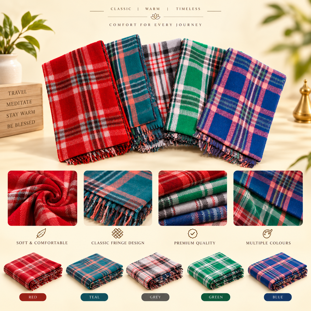 Classic Checkered Fringe Blanket – Soft & Warm
